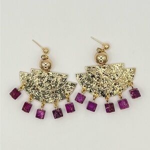 Gold Tone Chandelier Earrings with Fuschia Stone Dangles